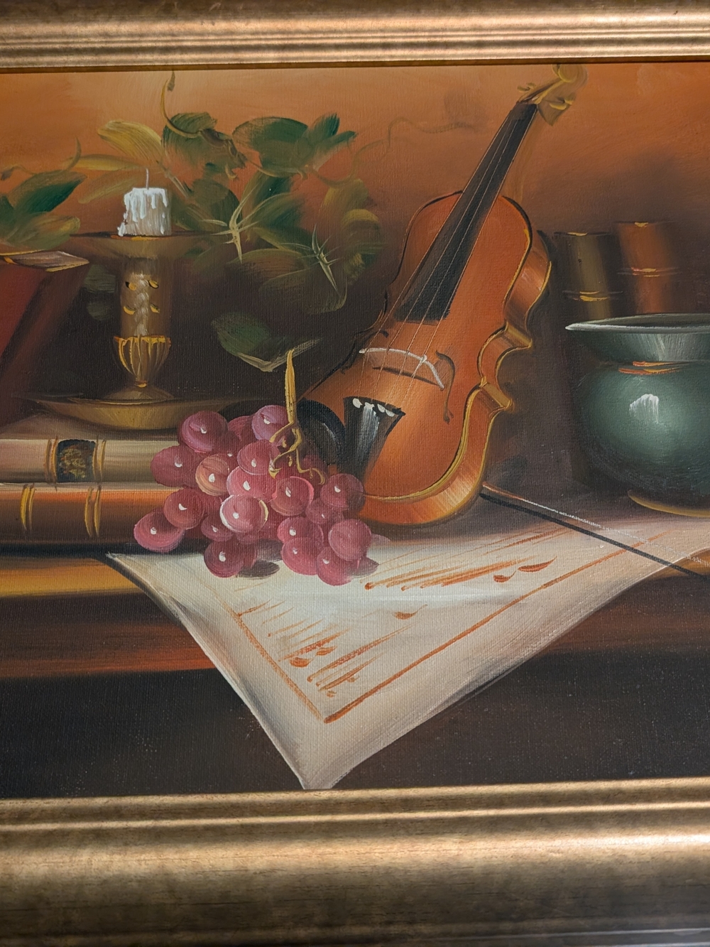Original  Oil painting Violin Books Music Lamp Realism Signed Denby Sweeting